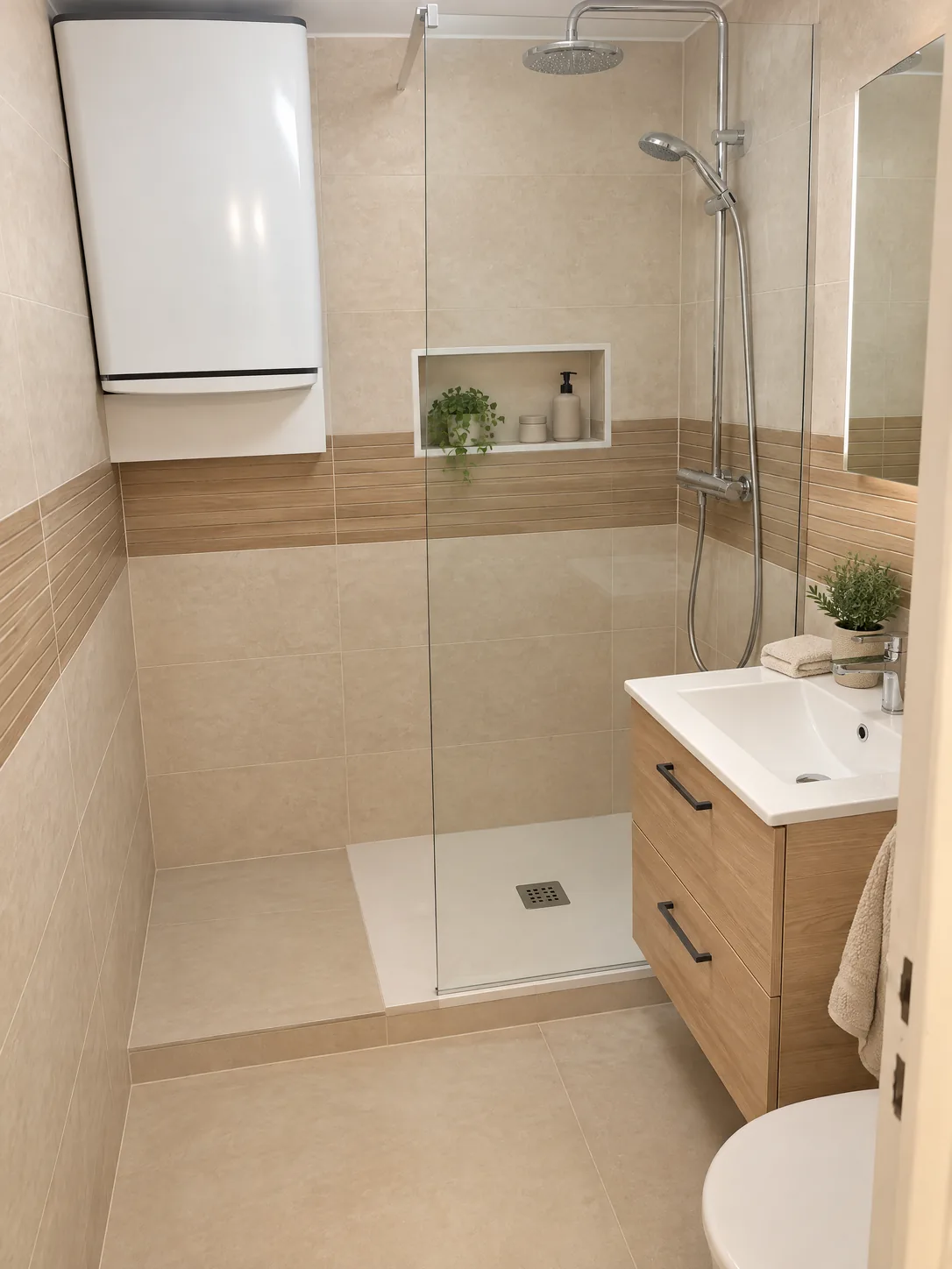 Salle de bain avec douche à l'italienne, paroi vitrée, faïence beige avec frise effet bois et meuble vasque en bois