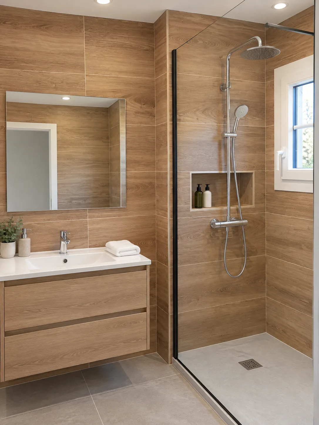 Salle de bain refaite : faïence effet bois, douche à l'italienne avec paroi vitrée, niche murale et meuble vasque en bois
