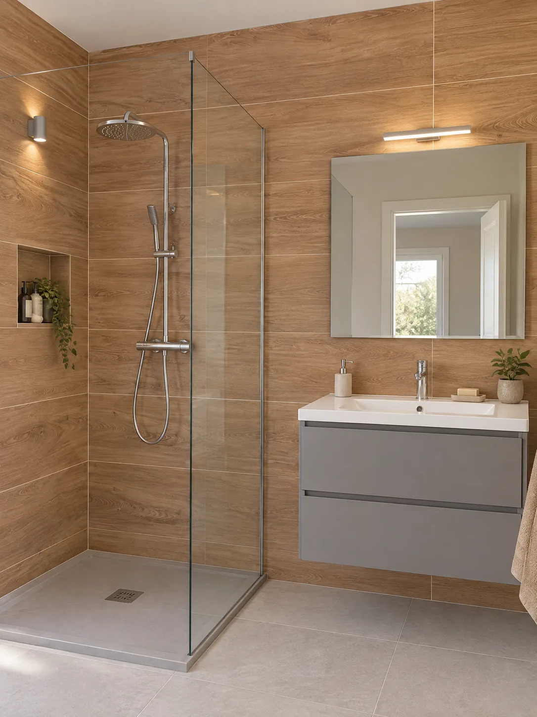 Douche avec paroi vitrée, faïence effet bois, niche murale et meuble vasque gris suspendu